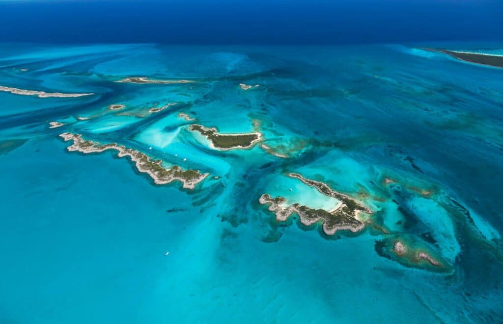 Aerial view of stunning beaches, islands, and ocean in the Bahamas.