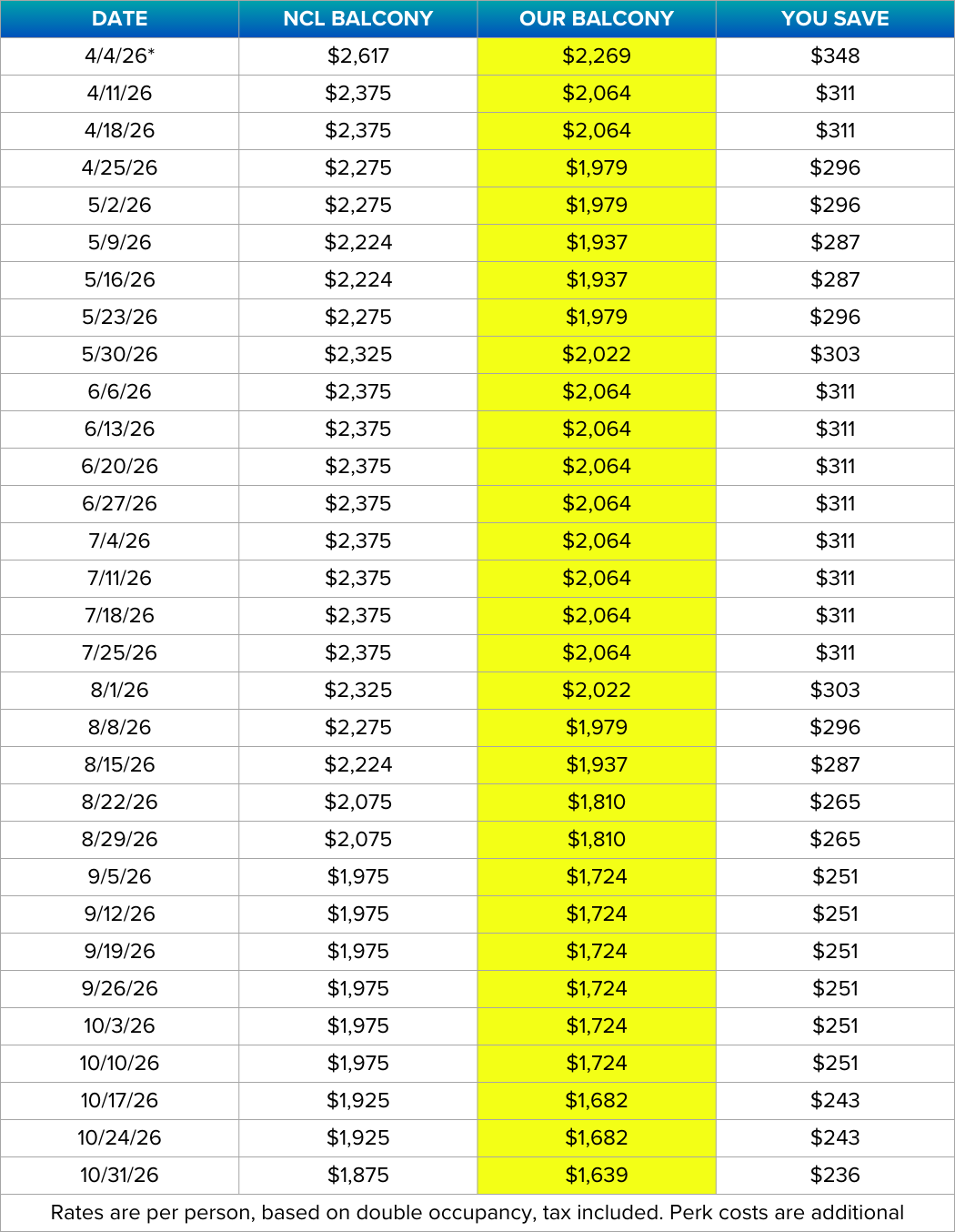 Norwegian Luna exclusive rates.