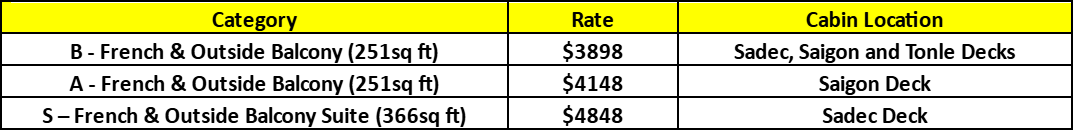 St A's Mekong Jan 2026 rates.